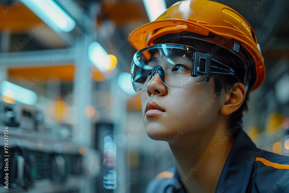 Focused technician using augmented reality headset in modern manufacturing plant. AI Generated. Focused technician using augmented reality headset in modern manufacturing plant. AI Generated.