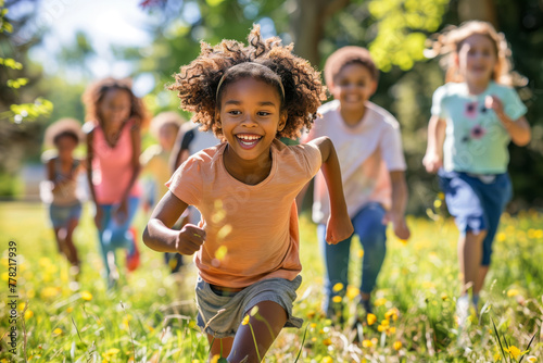 A young girl leads a playful dash across a flower-filled meadow, embodying the spirit of joyful childhood activity. AI Generated.