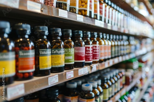 Close-up of assorted health supplement bottles neatly arranged on a shelf in a wellness store. AI Generated.