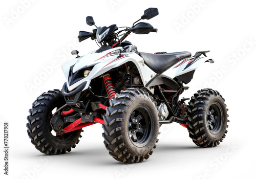 A white ATV with black tires and red accents, isolated white or transparent background