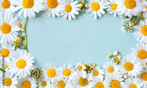 frame of daisies. Lush daisy frame on turquoise, perfect for spring-themed decor, invitations, and eco-conscious marketing. © Halyna