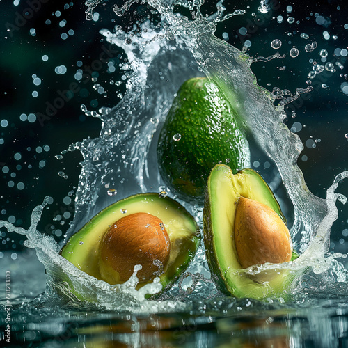 Green avocado, falling into water, black background