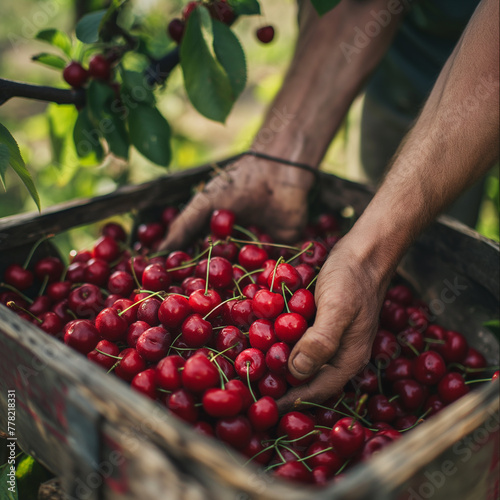 Red cherries picked by the farmer in the summer