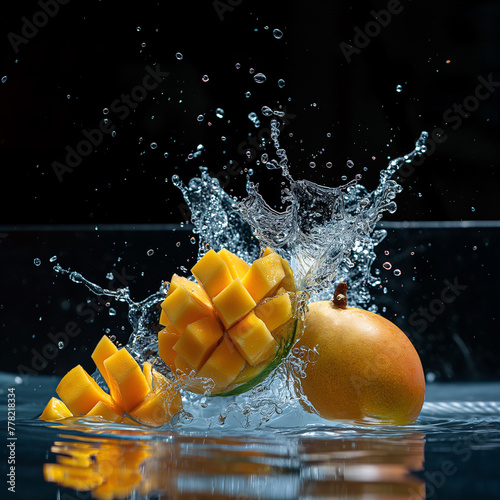 Pieces of juicy mango, falling into water, black background