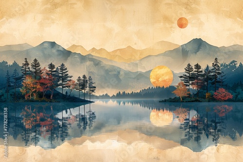Hand-painted, Chinese style, artistic conception landscape painting with golden texture. Modern art. Prints, wallpapers, posters, murals, carpets.