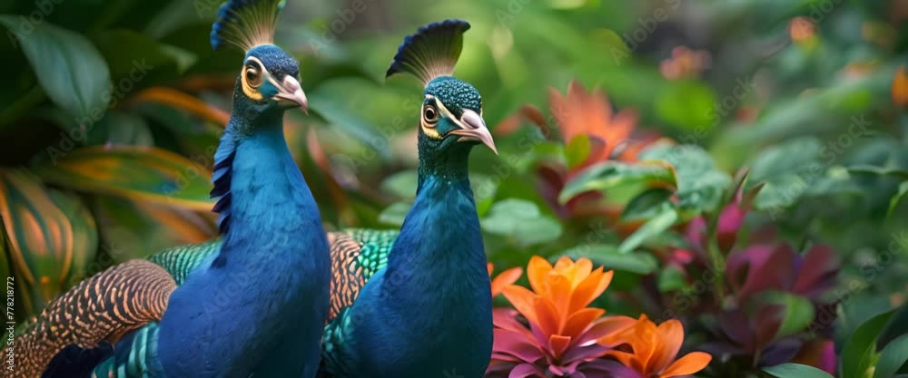 Peacocks displaying their vibrant feathers in a lush garden, confidence and attraction