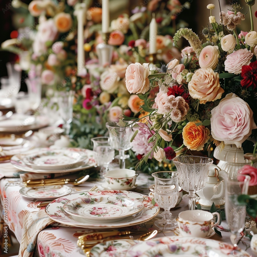 Elegantly arranged bouquets gracing a wedding reception table, illuminated by soft candlelight. 