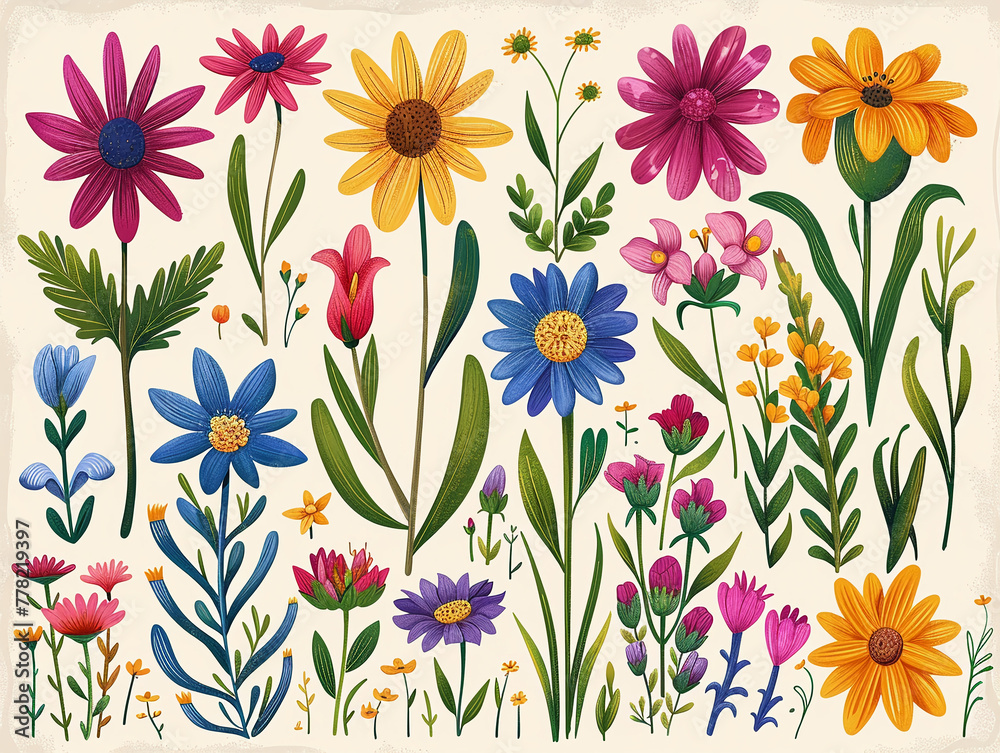 Whimsical collection of doodled wildflowers featuring playful scribbles and vibrant colors Whimsical collection of doodled wildflowers featuring playful scribbles and vibrant colors