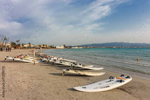Windsurf boards on the Poetto beach in Cagliari. Sardinia, Italy