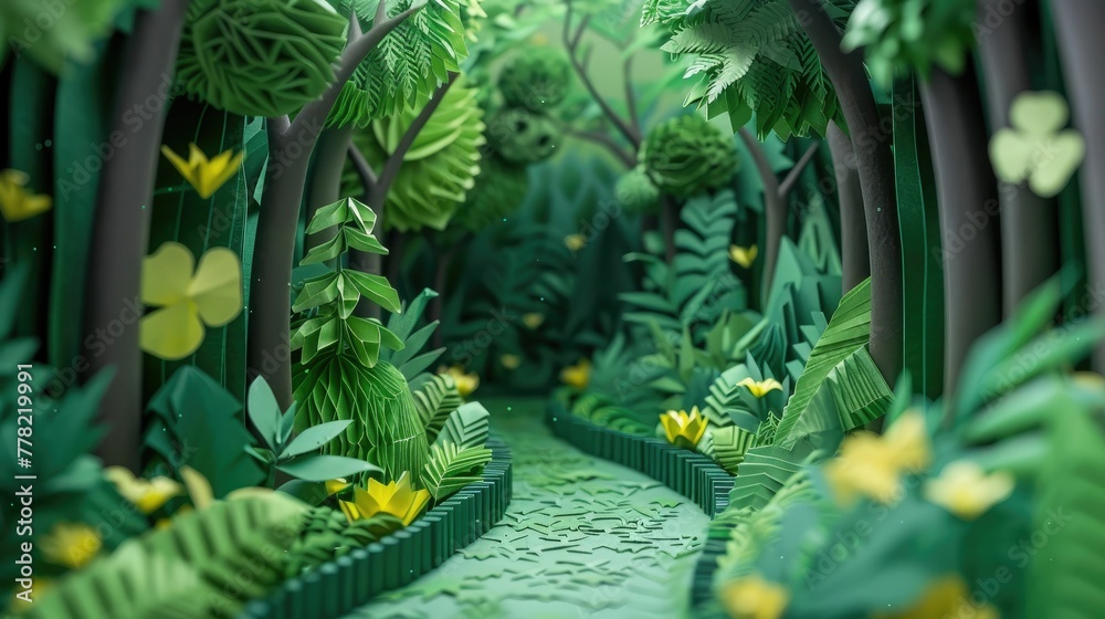Fototapeta premium Enchanting Paper Origami Path Leading Through a Lush Summer Forest Inviting and Adventure