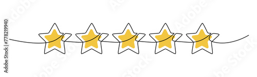 One continuous line drawing of five stars Isolated on transparent background. Golden 5 stars rating, excellent (high quality) service. Customer feedback. Editable stroke. Vector illustration 