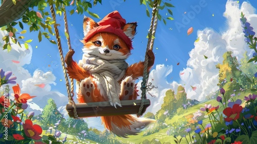 Adorable Cartoon Fox on Swing in Vibrant Flower Filled Park