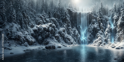 Foto einer verschneiter Gebirgslandschaft mit Wasserfall und See, mystisch, verträumt