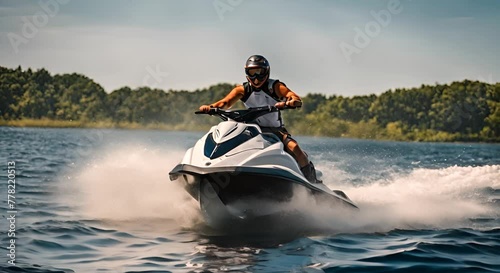 Man riding a jet ski in the sea. photo