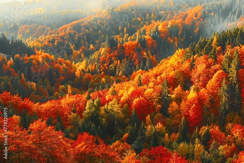 Beautiful orange and red autumn forest, many trees on the orange hills, Bohemian Switzerland National Park, Czech Republic. generative ai.