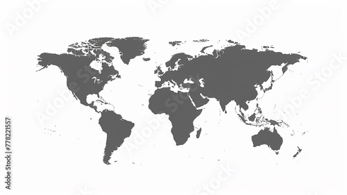 Minimalist Gray World Map Vector Illustration on White Background, Flat Design Style with Solid Grey Shapes and Clean Lines
