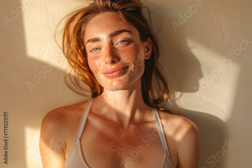 Confident redhead woman over 35 with freckles in natural look, smiling in green sports top against beige background