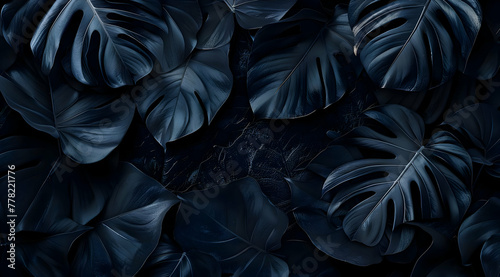 Dark nature background. Abstract dark blue leaves texture. High quality