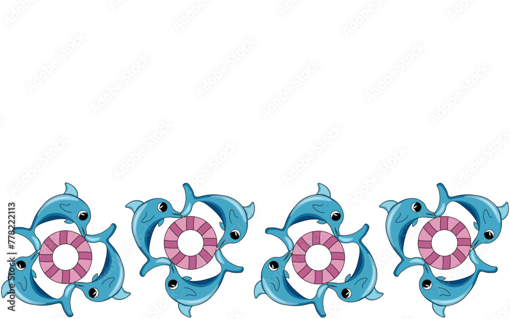 Naklejka premium Dolphin Frame with Rubber Ring isolated white background. Summer Ocean Animal Border concept. Cute Dolphins Frame. Aesthetic Vector illustration. Editable stroke. EPS 10