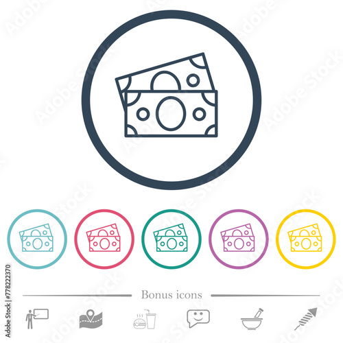 Banknotes outline flat color icons in round outlines