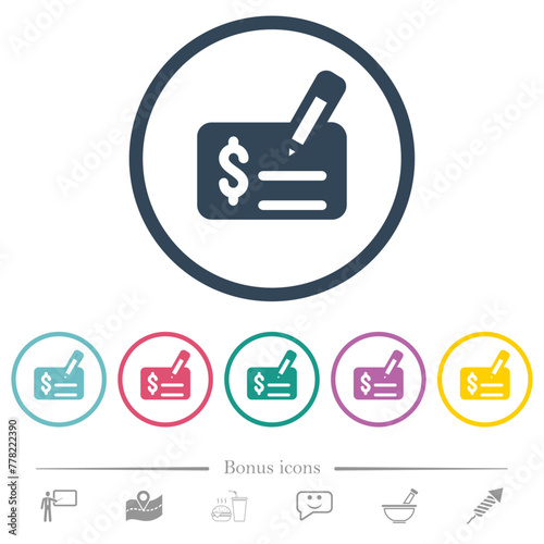 Cheque signing solid flat color icons in round outlines