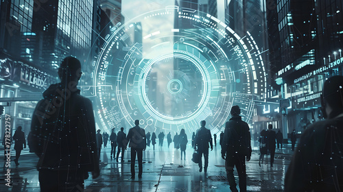 A futuristic digital circular interface with holographic data and people in business attire walking through the city