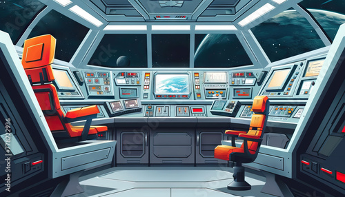 Sci-Fi Spaceship Bridge: A futuristic spaceship bridge set with control panels, captain's chair, and viewscreens for sci-fi series photo