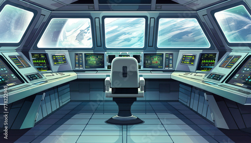 Sci-Fi Spaceship Bridge: A futuristic spaceship bridge set with control panels, captain's chair, and viewscreens for sci-fi series photo