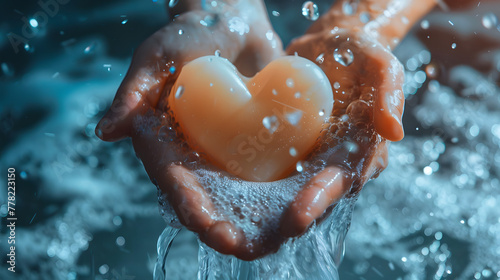 A heart-shaped soap is being held in the style of two hands