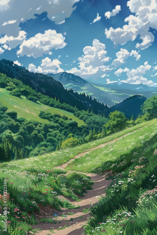 Mountain Scene With Path Through Grass