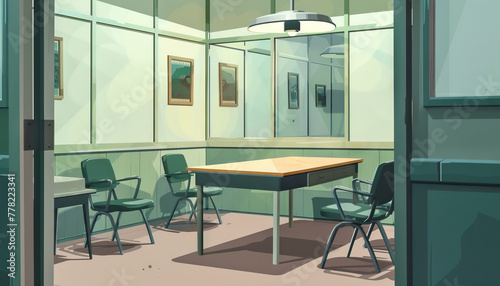 Mystery Thriller Interrogation Room: A police interrogation room set with one-way mirror, table, and chairs for mystery thriller series photo