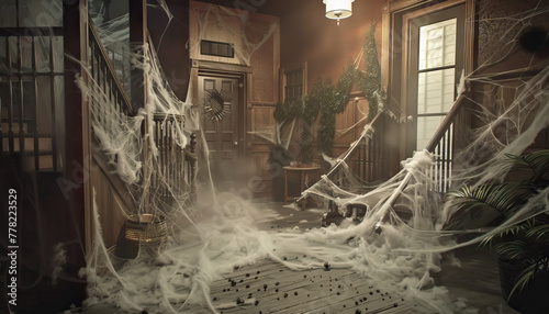 Supernatural Haunted House: A spooky haunted house set with cobwebs, eerie props, and hidden passages for supernatural shows photo