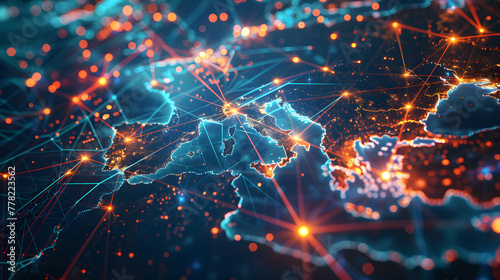 A map of Europe with glowing connections between cities representing global connectivity and data flow