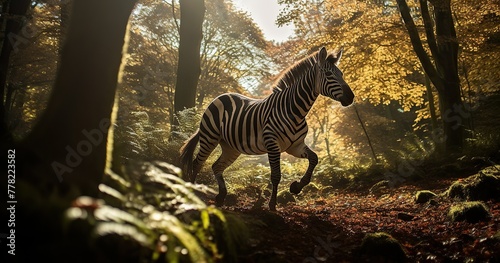 Visualize a zebra sprinting through an autumnal forest with the sunlight filtering through the trees  casting rays amidst the dense foliage