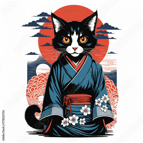 Kawaii cat in Japanese kimono. Vector illustration.Kawaii cat in Japanese kimono. Vector illustration.