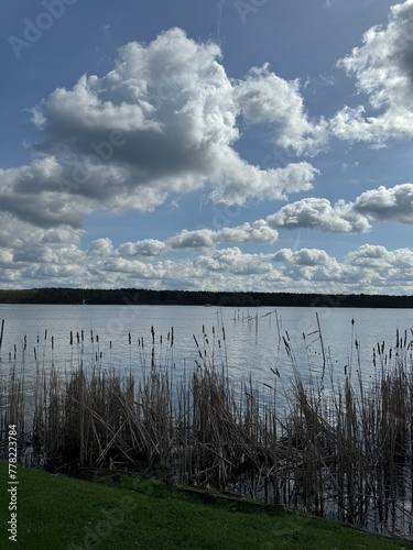 view of a lake in early spring against a cloudy sky