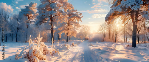 Winter Landscape. Snow-Covered Trees with Soft Sunlight
