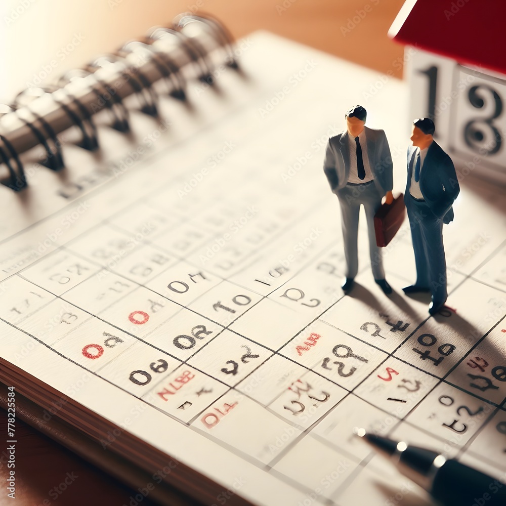 Miniature entrepeneurs standing on top of a calendar. Ai generated. Miniature entrepeneurs standing on top of a calendar. Ai generated.