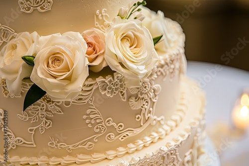 a wedding cake with white flowers on top of it