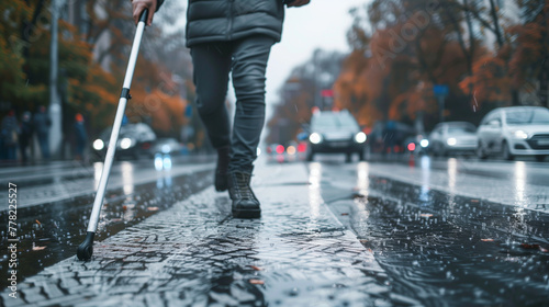 A visually impaired person navigating with a white cane photo