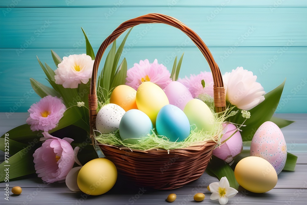 Easter basket filled with pastel color eggs