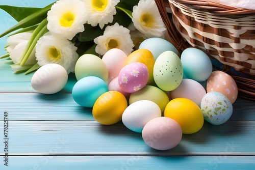 Easter basket filled with pastel color eggs