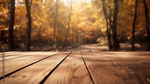 Wooden platform with a blurred autumn backdrop.
 photo