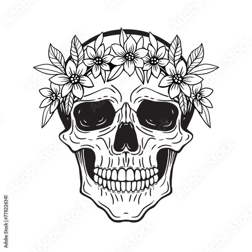 skull in flower wreath, black and white illustration