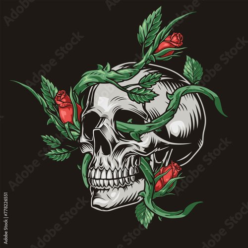 Floral skull colorful vintage emblem