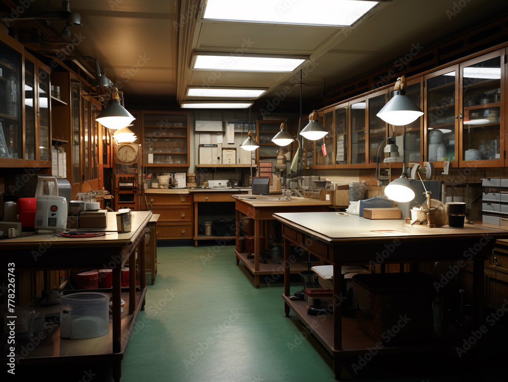 laboratory equipped room with wooden cabinets, scientific instruments, and large workbenches under warm ambient lighting.