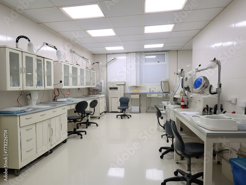 Medical laboratory equipped room with wooden cabinets  scientific instruments  and large workbenches under warm ambient lighting.