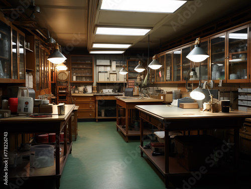 laboratory equipped room with wooden cabinets, scientific instruments, and large workbenches under warm ambient lighting.