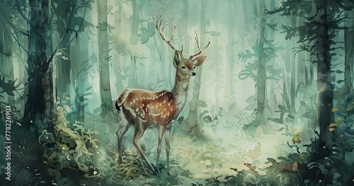 watercolor deer in the forest, hyperdetailed