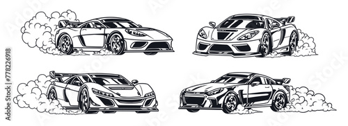 Sports cars set stickers monochrome